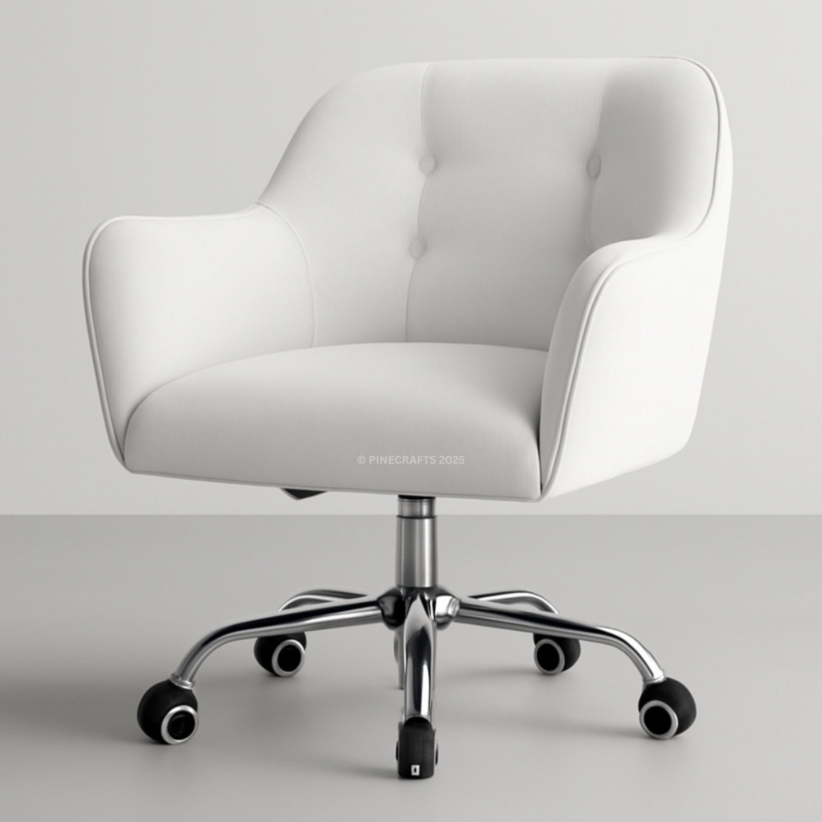 White office chair with a chrome base on a light gray background